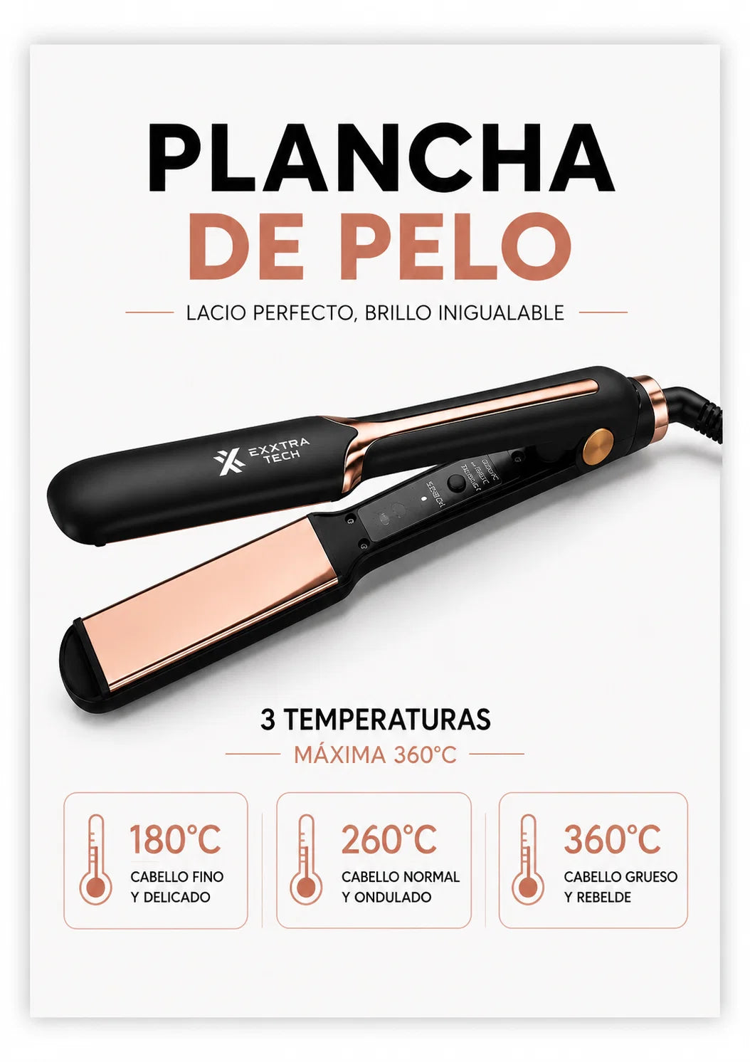 Plancha de Pelo Profesional – Placas Cerámicas, 220V, 4 Temperaturas, Cable 360°