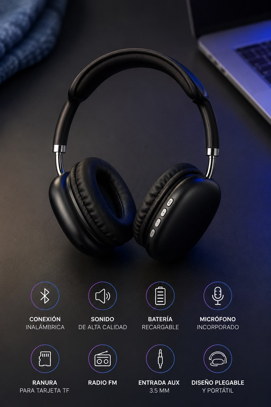 Auriculares Inalámbricos Bluetooth P9 – Cancelación de Ruido, 12hs de Batería, Micrófono
