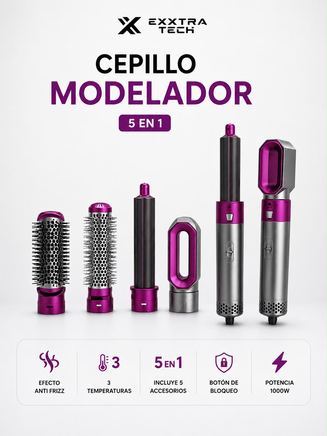 Cepillo Modelador 5 en 1 con Rizador y Alisador – 1000W, 3 Temperaturas, Anticrespo