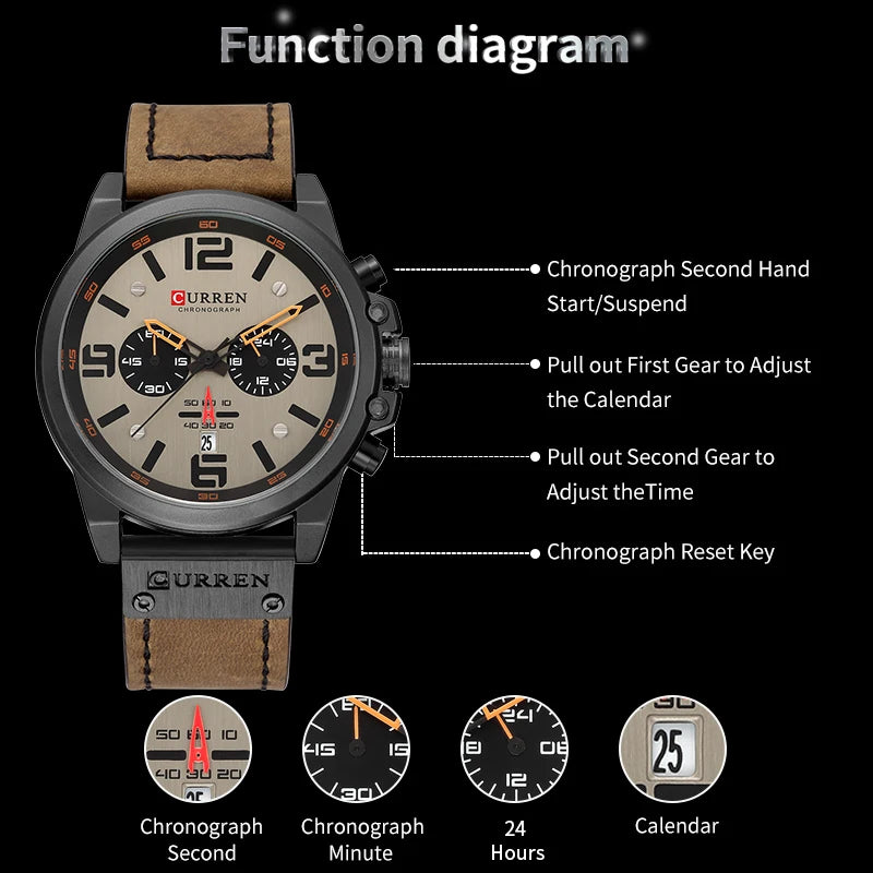 Fashion Chronograph Watch Men CURREN Luxury Brand Waterproof Sport Wrist Men's Watches Casual Wristwatch Male Clock Reloj Hombre