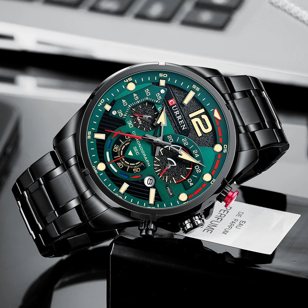 Nuevos relojes CURREN verdes para hombre, relojes de cuarzo de acero inoxidable de lujo de primeras marcas, reloj deportivo con fecha para hombre, reloj de pulsera resistente al agua