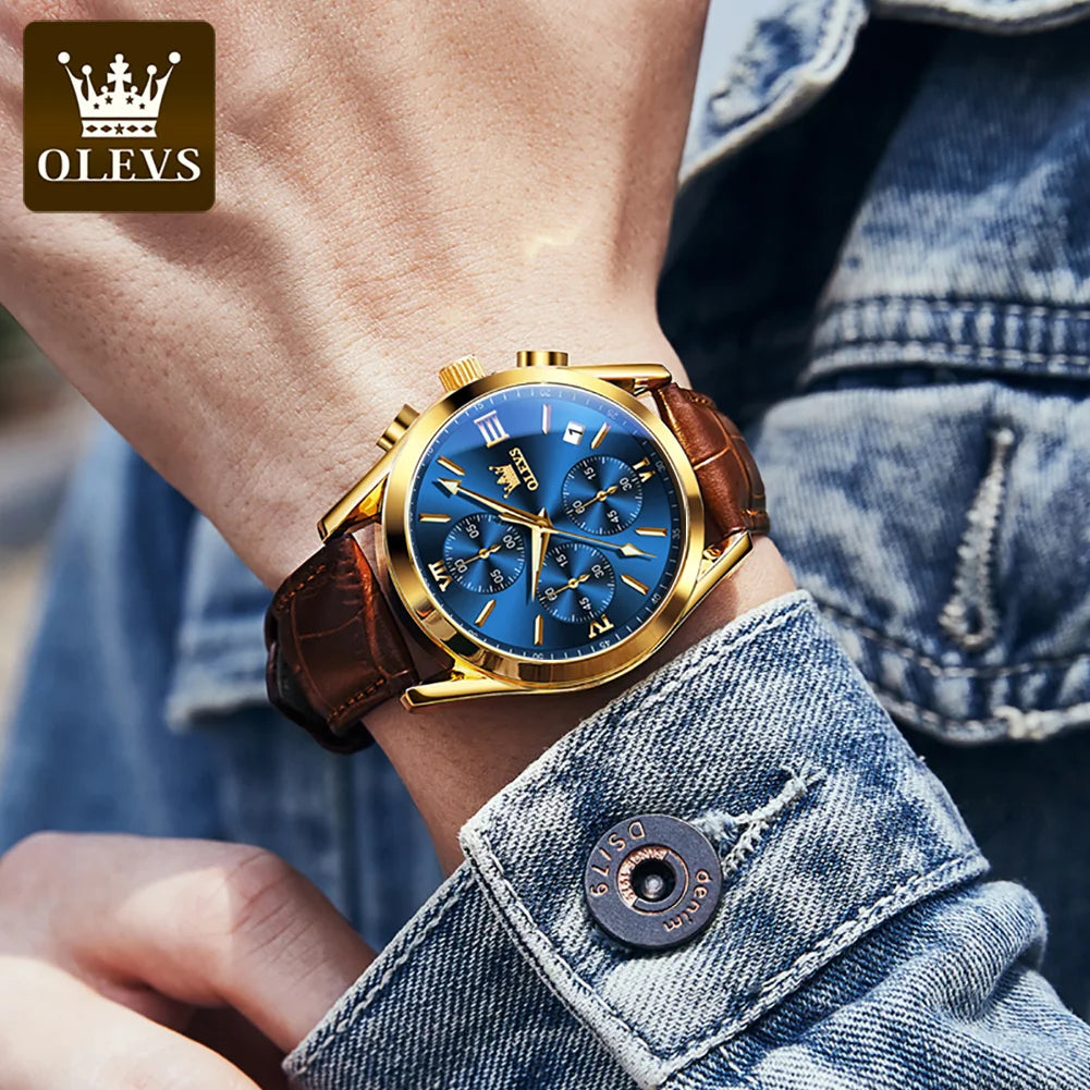 OLEVS Nuevo reloj de moda para hombre con correa de cuero marrón. Reloj impermeable con movimiento de cuarzo deportivo informal para hombre Orologio da uomo 2872