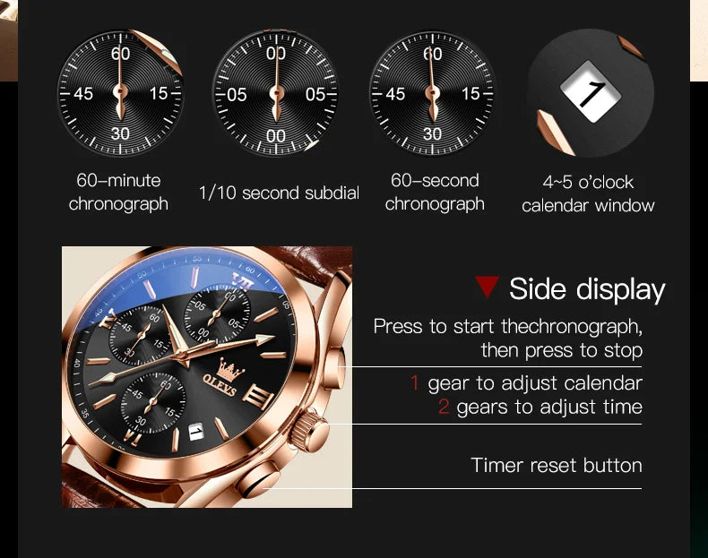 OLEVS Nuevo reloj de moda para hombre con correa de cuero marrón. Reloj impermeable con movimiento de cuarzo deportivo informal para hombre Orologio da uomo 2872