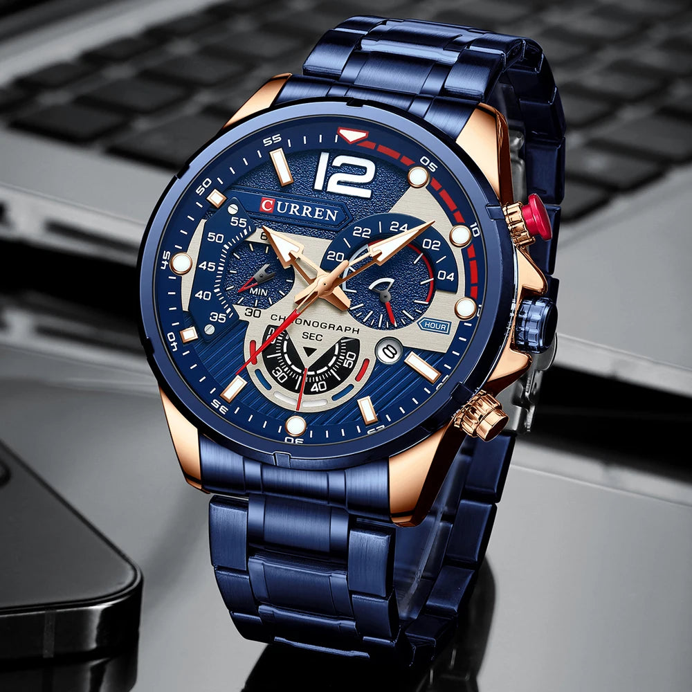 Nuevos relojes CURREN verdes para hombre, relojes de cuarzo de acero inoxidable de lujo de primeras marcas, reloj deportivo con fecha para hombre, reloj de pulsera resistente al agua