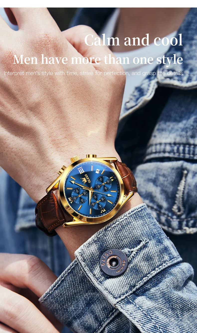 OLEVS Nuevo reloj de moda para hombre con correa de cuero marrón. Reloj impermeable con movimiento de cuarzo deportivo informal para hombre Orologio da uomo 2872