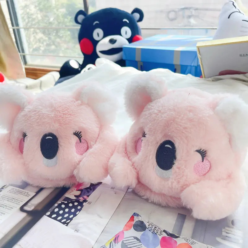 Lindas zapatillas de felpa de animales de dibujos animados de Koala rosa y gris, pantuflas cálidas de invierno para mujer para el hogar