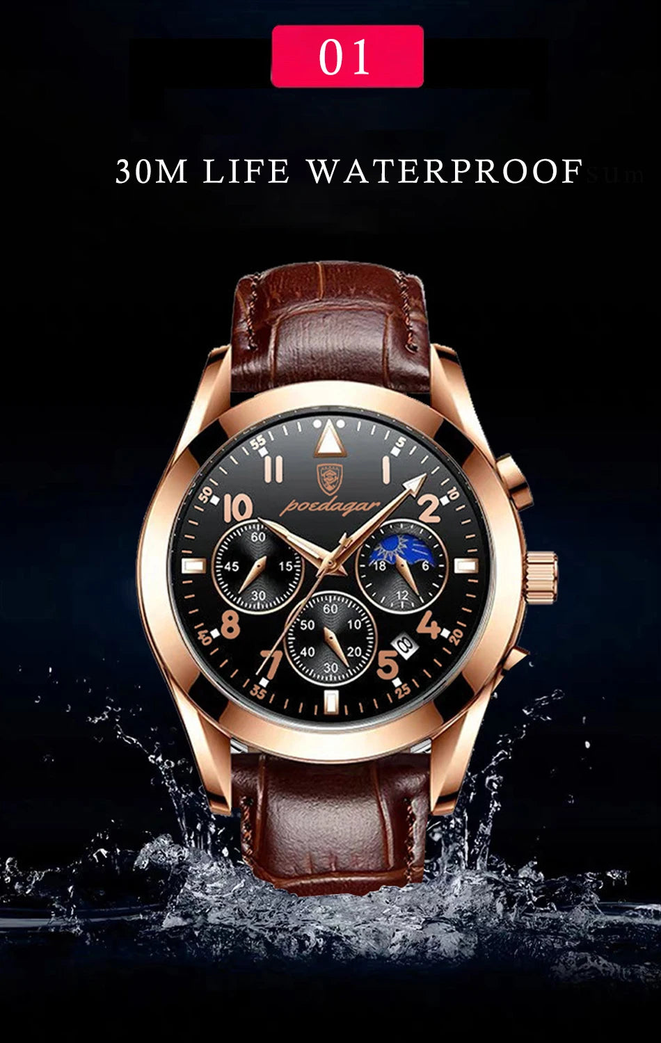 POEDAGAR-relojes para hombre, de cuero de moda, resistente al agua, parte superior luminosa, de lujo, de cuarzo, Masculino, 2021