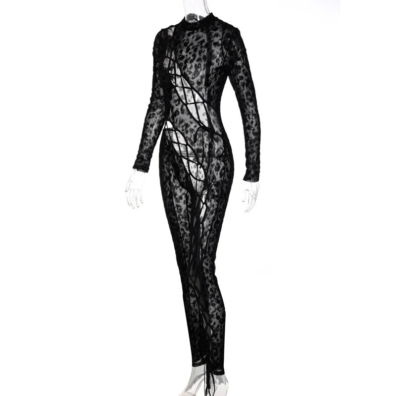 OMSJ 2024 mono ajustado asimétrico sexi de malla transparente con estampado de leopardo para invierno nuevo mono calado de manga larga ajustado entrecruzado