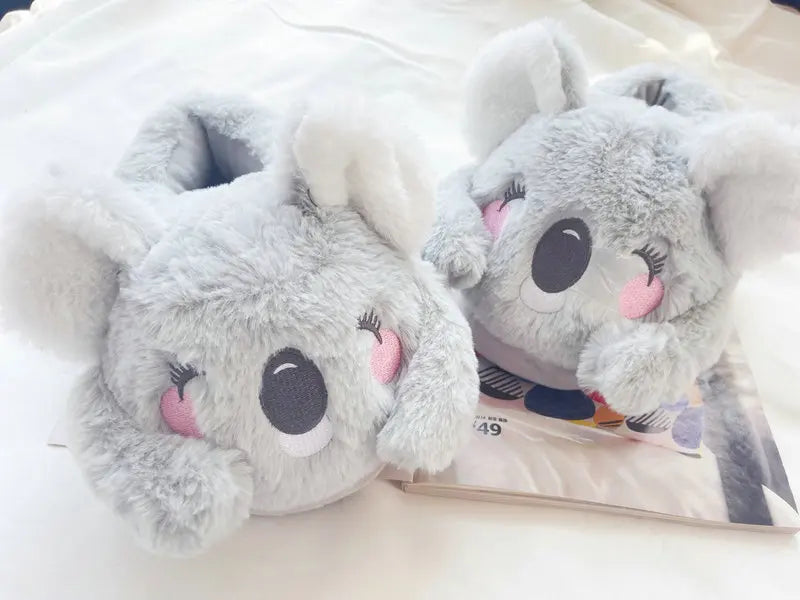 Lindas zapatillas de felpa de animales de dibujos animados de Koala rosa y gris, pantuflas cálidas de invierno para mujer para el hogar