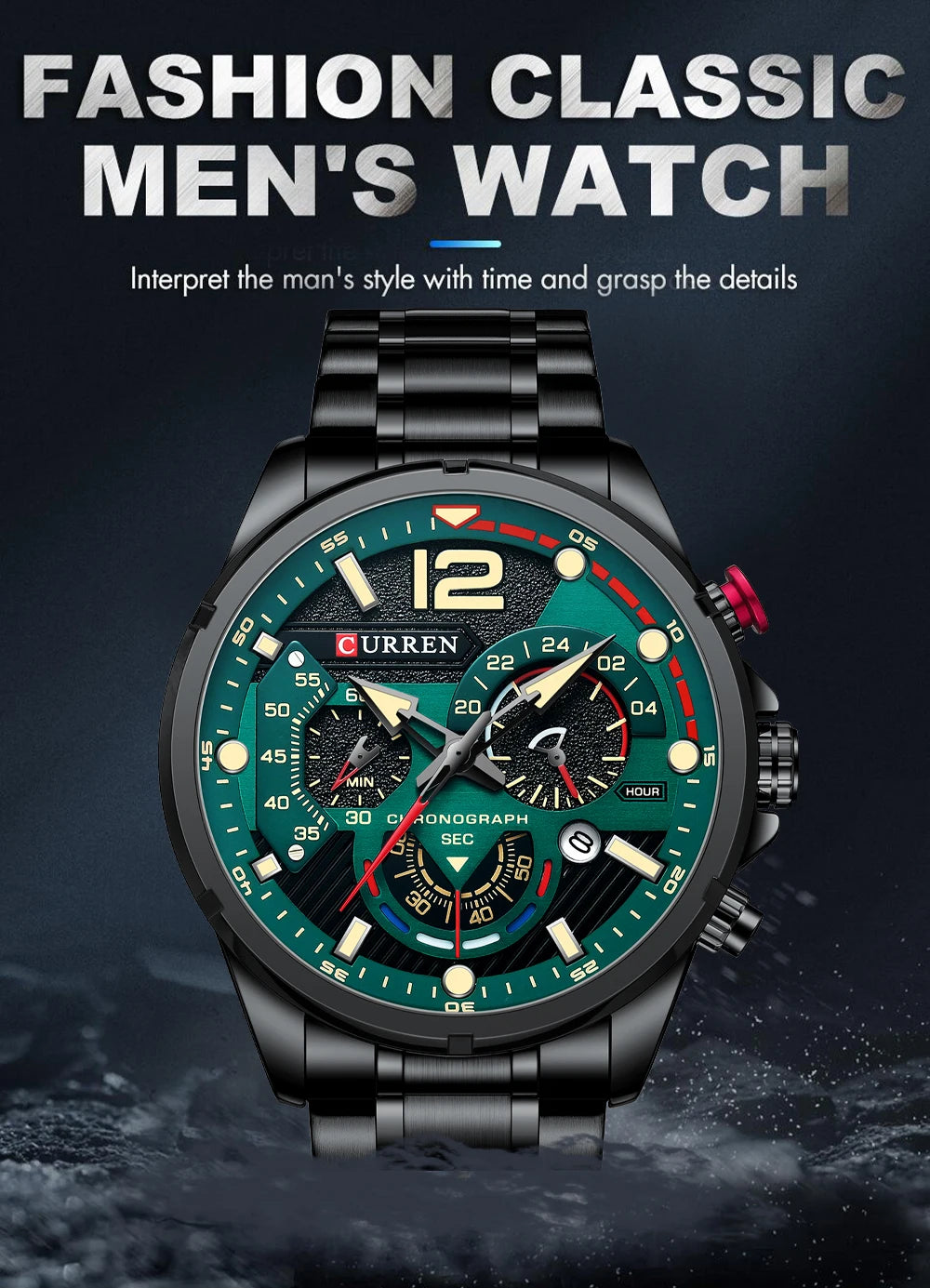 Nuevos relojes CURREN verdes para hombre, relojes de cuarzo de acero inoxidable de lujo de primeras marcas, reloj deportivo con fecha para hombre, reloj de pulsera resistente al agua