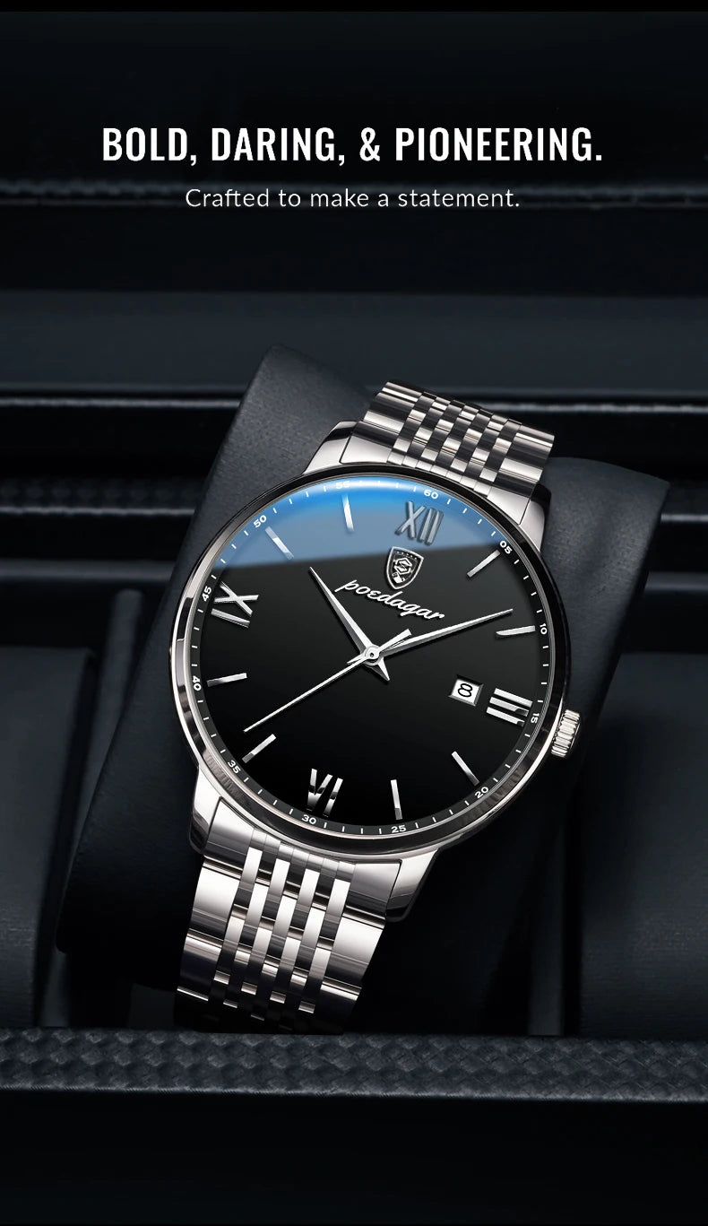 Reloj POEDAGAR de la mejor marca, reloj de acero inoxidable con fecha de negocios para hombre, relojes luminosos resistentes al agua, reloj de pulsera deportivo de cuarzo de lujo para hombre