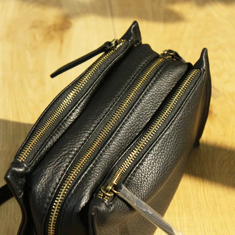 Bolso pequeño de diseñador de marca para mujer, bolsa de hombro con solapa de cuero genuino, informal, con cremallera de tres capas, cruzado