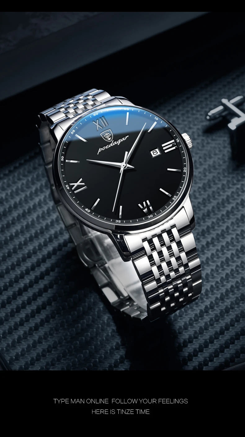 Reloj POEDAGAR de la mejor marca, reloj de acero inoxidable con fecha de negocios para hombre, relojes luminosos resistentes al agua, reloj de pulsera deportivo de cuarzo de lujo para hombre