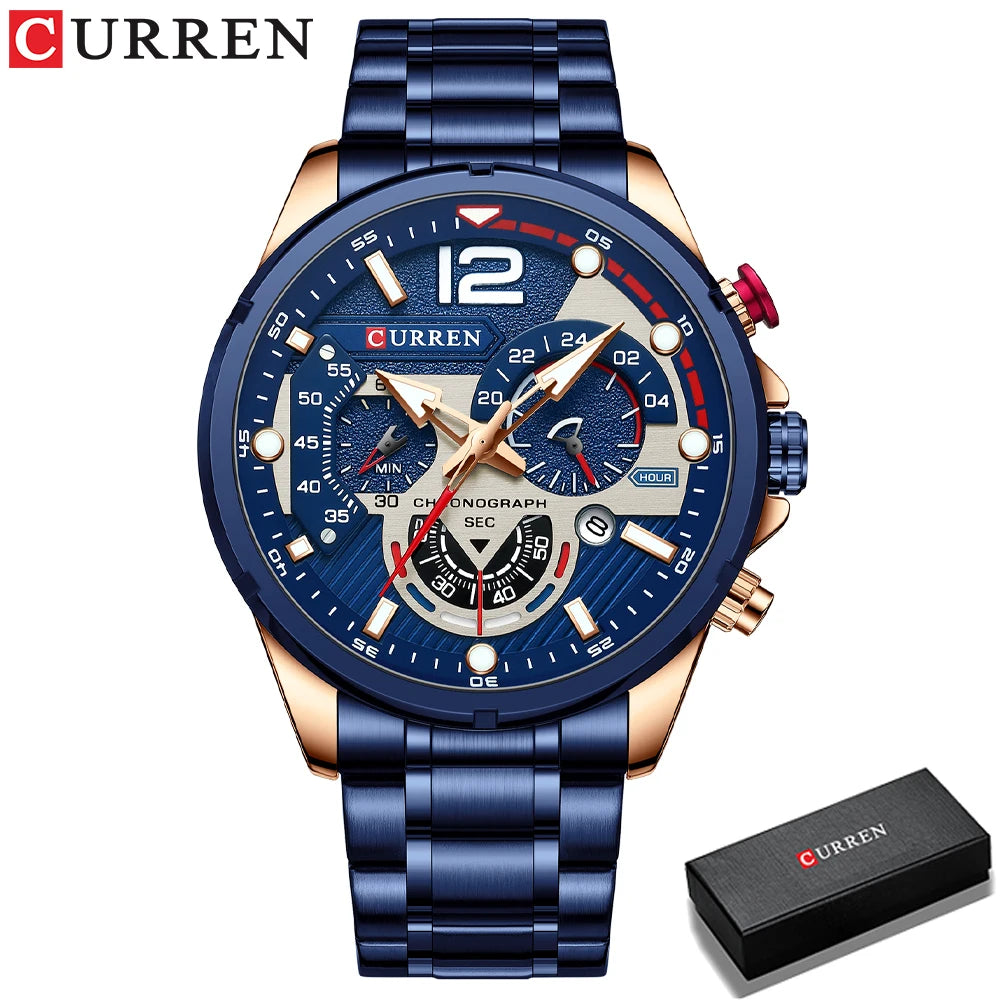 Nuevos relojes CURREN verdes para hombre, relojes de cuarzo de acero inoxidable de lujo de primeras marcas, reloj deportivo con fecha para hombre, reloj de pulsera resistente al agua