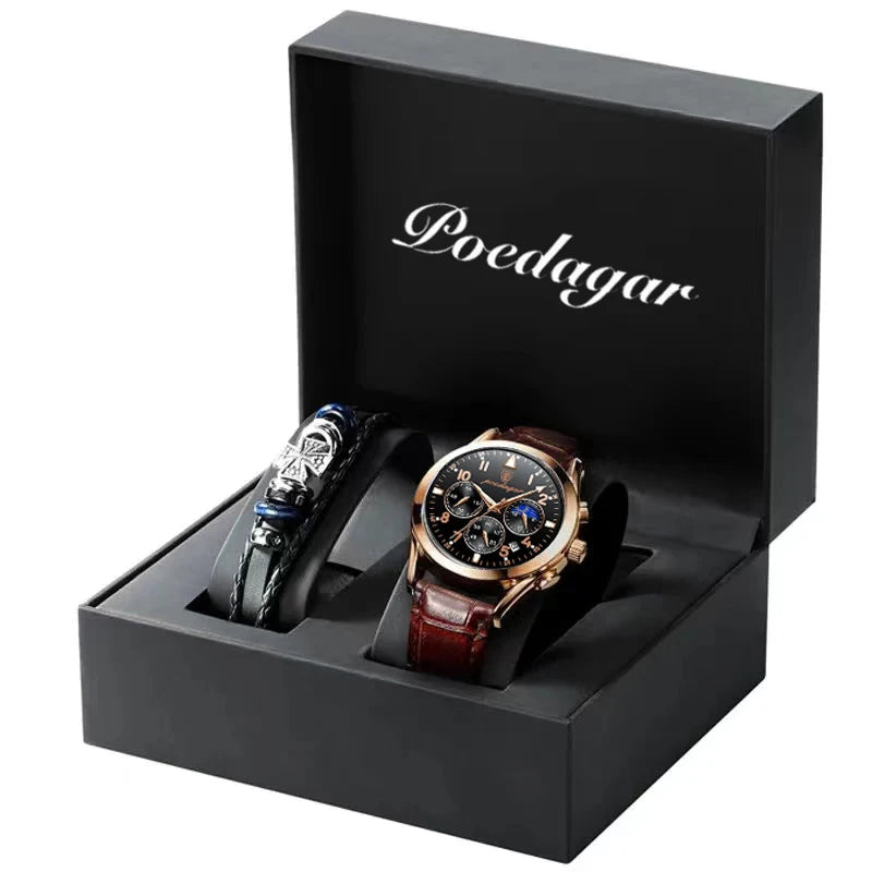 POEDAGAR-relojes para hombre, de cuero de moda, resistente al agua, parte superior luminosa, de lujo, de cuarzo, Masculino, 2021