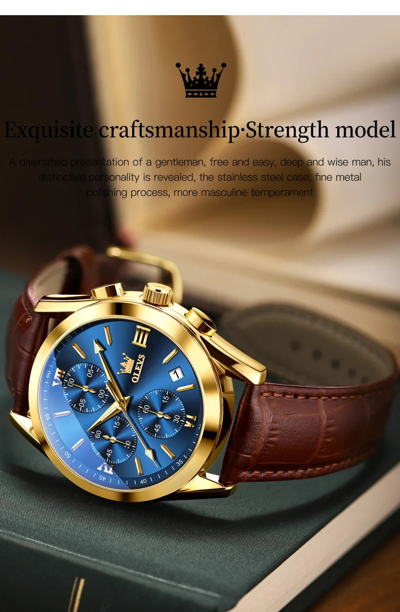 OLEVS Nuevo reloj de moda para hombre con correa de cuero marrón. Reloj impermeable con movimiento de cuarzo deportivo informal para hombre Orologio da uomo 2872