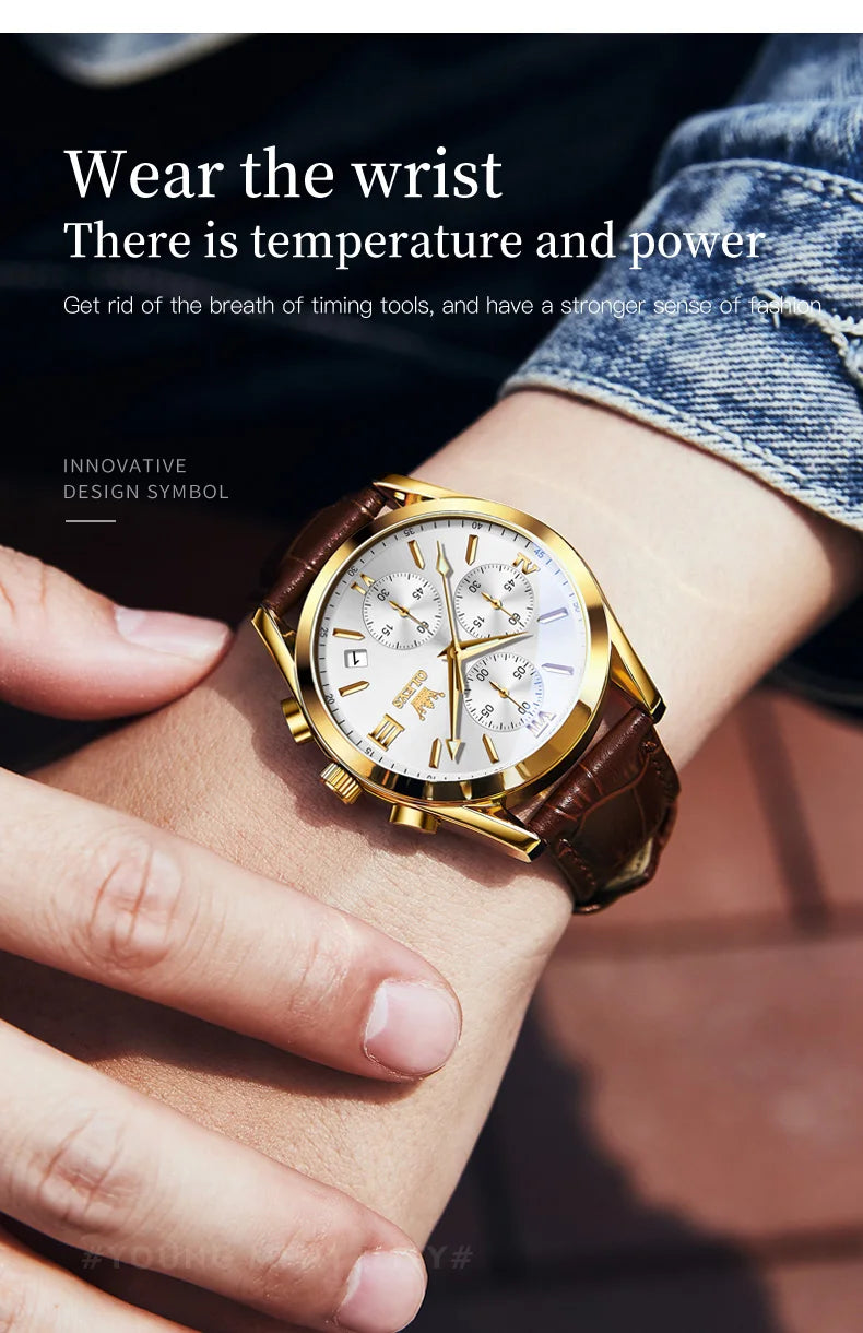 OLEVS Nuevo reloj de moda para hombre con correa de cuero marrón. Reloj impermeable con movimiento de cuarzo deportivo informal para hombre Orologio da uomo 2872