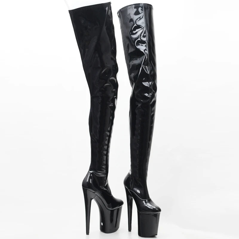 Jialuowei-Botas altas hasta el muslo de PVC para mujer, zapatos de tacón alto eróticos con plataforma sobre la rodilla, cremallera en la entrepierna, Sexy, punta estrecha, 2018
