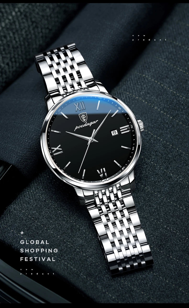 Reloj POEDAGAR de la mejor marca, reloj de acero inoxidable con fecha de negocios para hombre, relojes luminosos resistentes al agua, reloj de pulsera deportivo de cuarzo de lujo para hombre