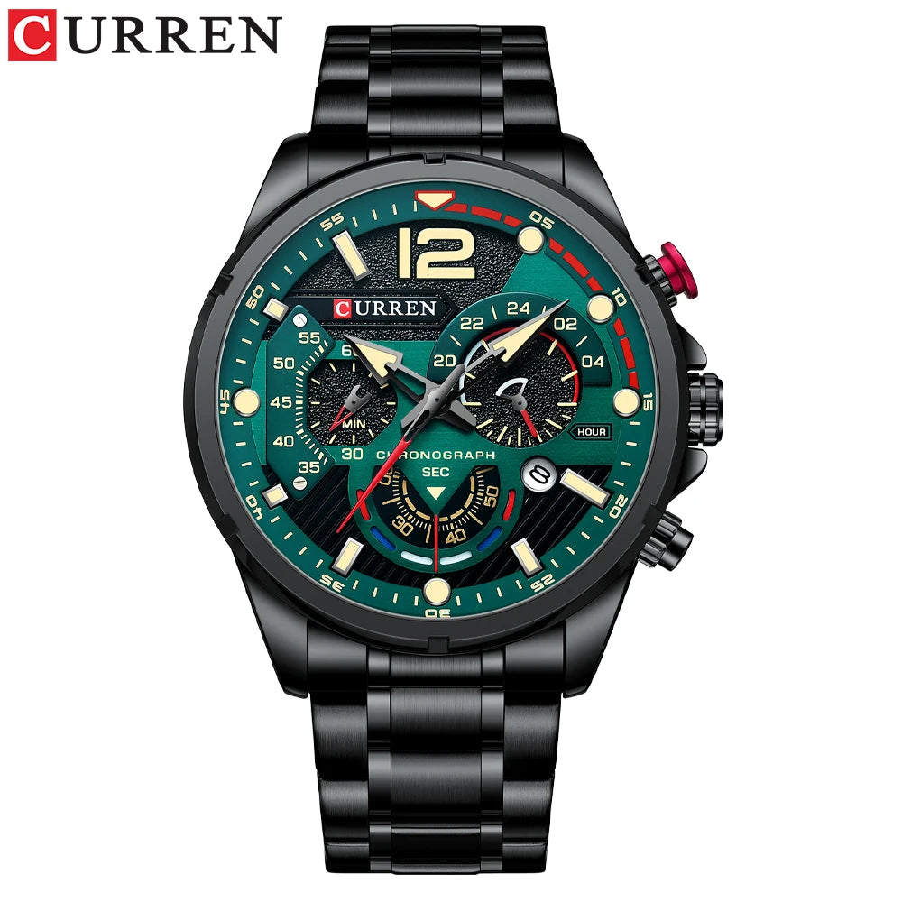 Nuevos relojes CURREN verdes para hombre, relojes de cuarzo de acero inoxidable de lujo de primeras marcas, reloj deportivo con fecha para hombre, reloj de pulsera resistente al agua