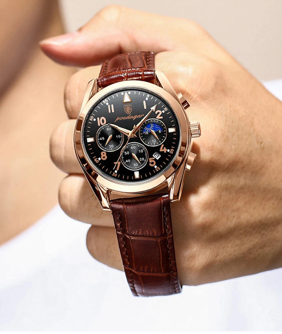 POEDAGAR-relojes para hombre, de cuero de moda, resistente al agua, parte superior luminosa, de lujo, de cuarzo, Masculino, 2021