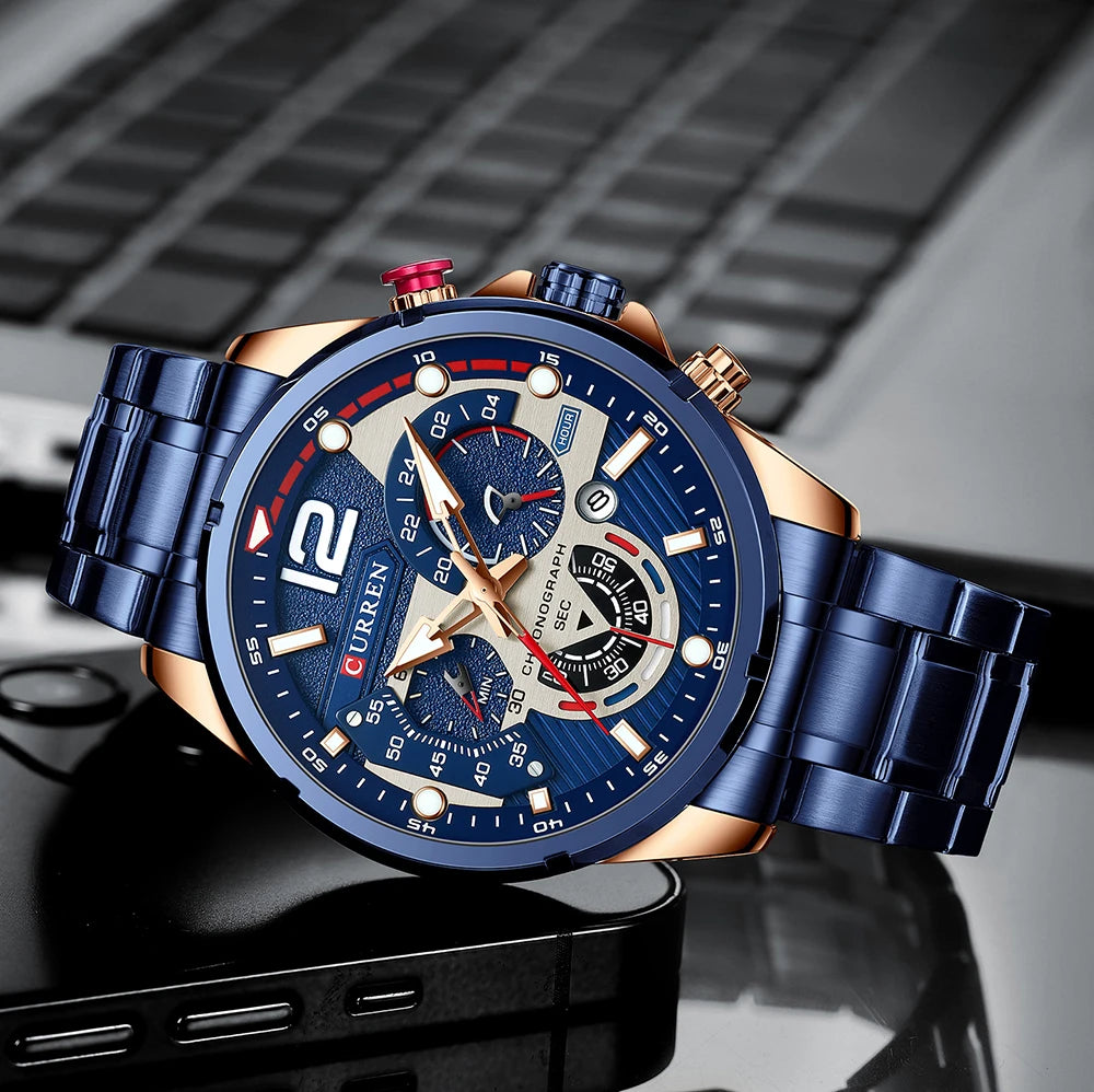 Nuevos relojes CURREN verdes para hombre, relojes de cuarzo de acero inoxidable de lujo de primeras marcas, reloj deportivo con fecha para hombre, reloj de pulsera resistente al agua