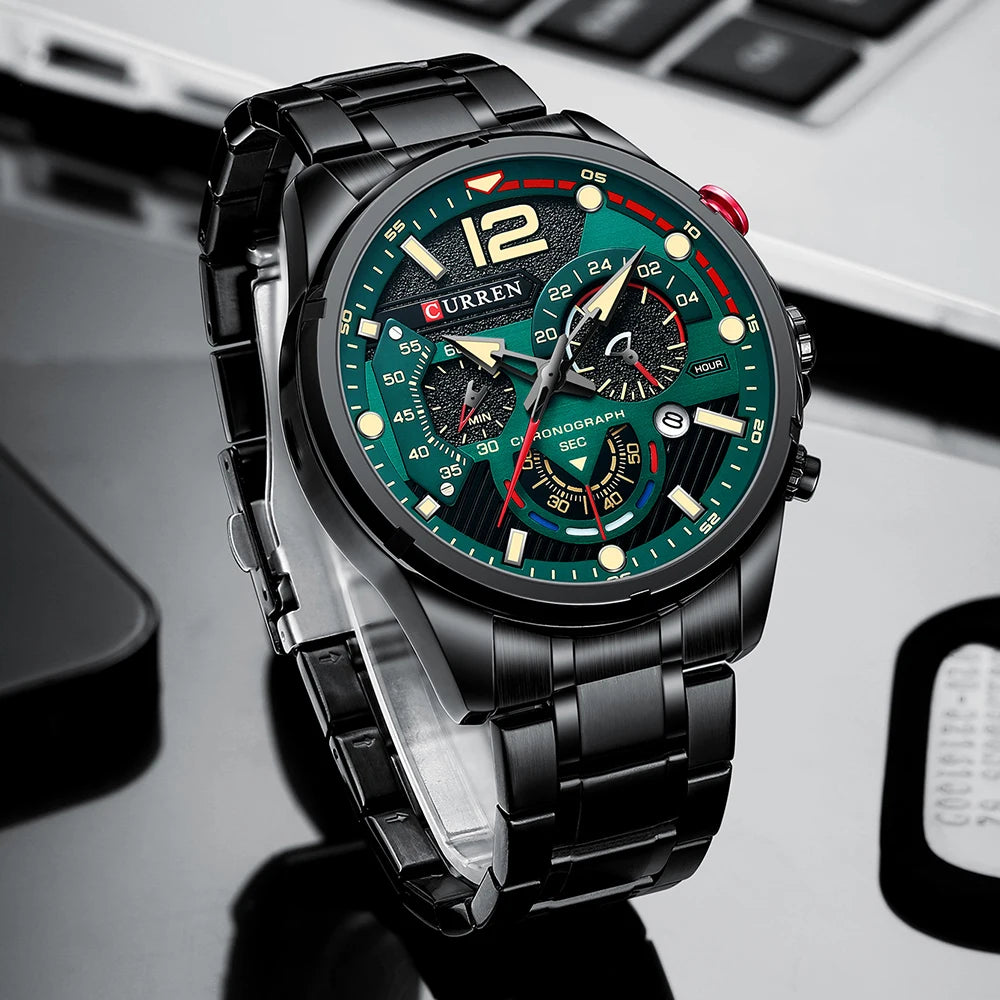 Nuevos relojes CURREN verdes para hombre, relojes de cuarzo de acero inoxidable de lujo de primeras marcas, reloj deportivo con fecha para hombre, reloj de pulsera resistente al agua