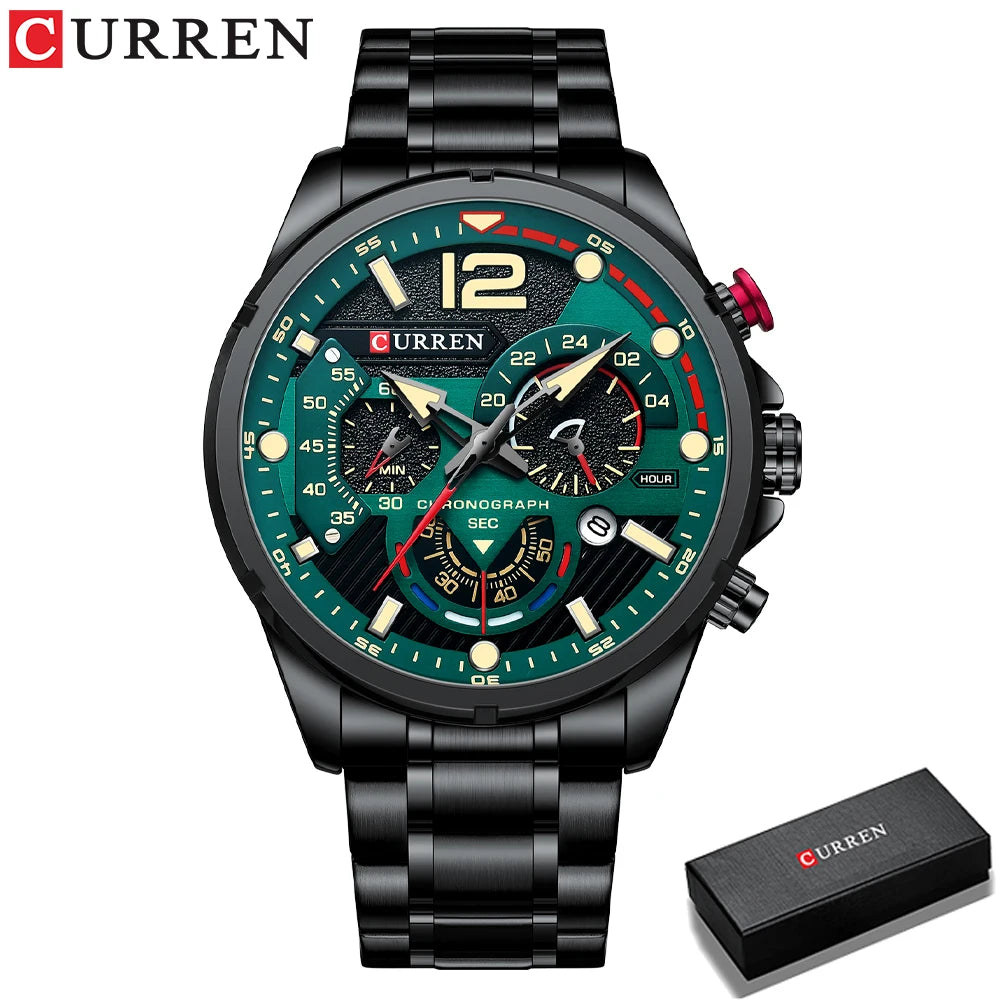 Nuevos relojes CURREN verdes para hombre, relojes de cuarzo de acero inoxidable de lujo de primeras marcas, reloj deportivo con fecha para hombre, reloj de pulsera resistente al agua