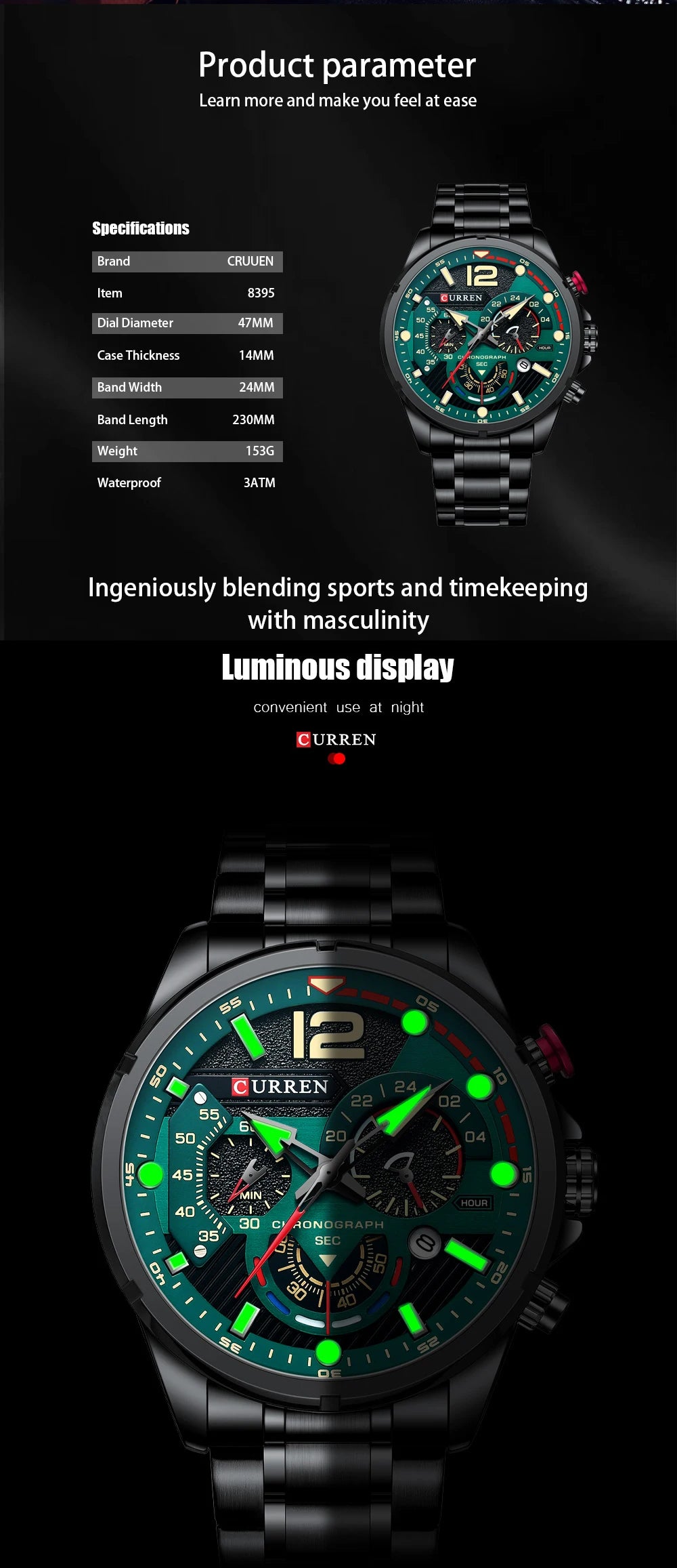 Nuevos relojes CURREN verdes para hombre, relojes de cuarzo de acero inoxidable de lujo de primeras marcas, reloj deportivo con fecha para hombre, reloj de pulsera resistente al agua