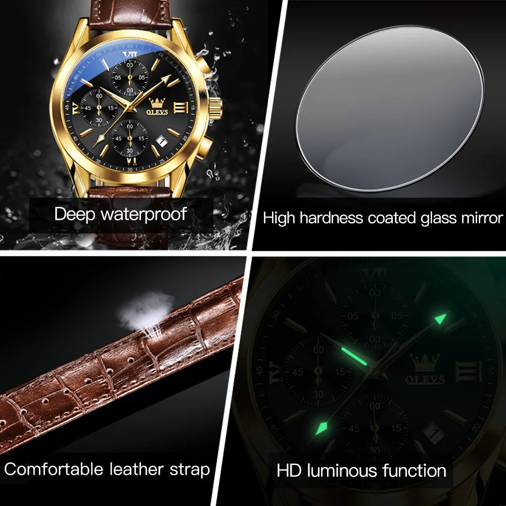 OLEVS Nuevo reloj de moda para hombre con correa de cuero marrón. Reloj impermeable con movimiento de cuarzo deportivo informal para hombre Orologio da uomo 2872