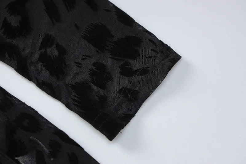 OMSJ 2024 mono ajustado asimétrico sexi de malla transparente con estampado de leopardo para invierno nuevo mono calado de manga larga ajustado entrecruzado
