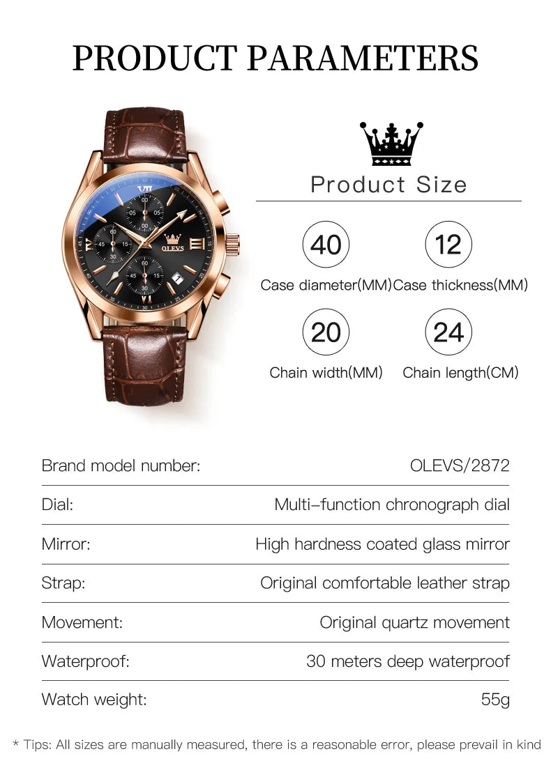 OLEVS Nuevo reloj de moda para hombre con correa de cuero marrón. Reloj impermeable con movimiento de cuarzo deportivo informal para hombre Orologio da uomo 2872