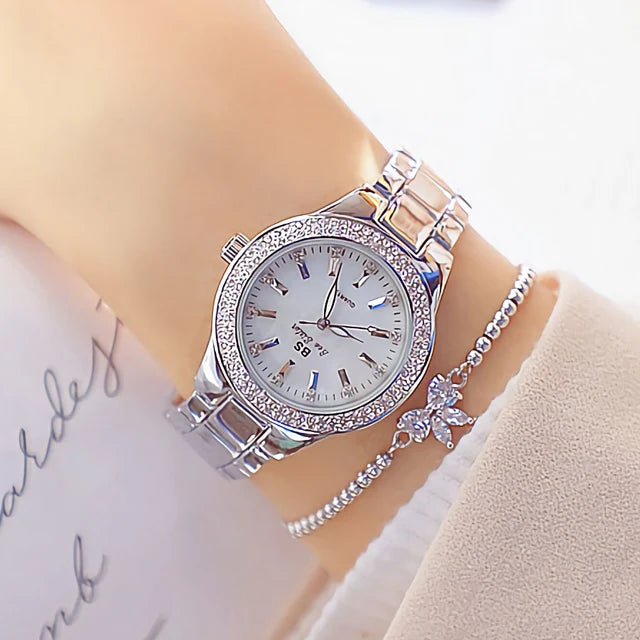 2025 relojes de pulsera dorados para mujer, reloj de vestir, relojes de diamantes de cristal para mujer, reloj plateado de acero inoxidable, reloj para mujer 2024