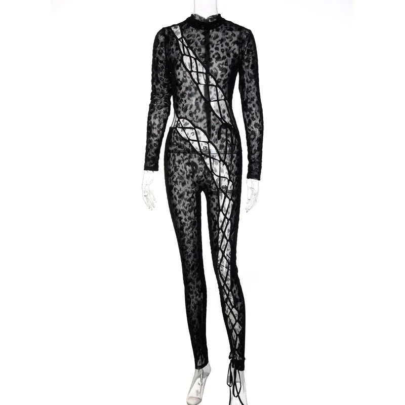 OMSJ 2024 mono ajustado asimétrico sexi de malla transparente con estampado de leopardo para invierno nuevo mono calado de manga larga ajustado entrecruzado