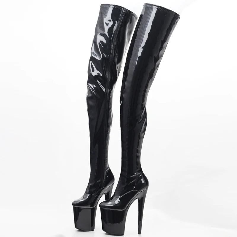 Jialuowei-Botas altas hasta el muslo de PVC para mujer, zapatos de tacón alto eróticos con plataforma sobre la rodilla, cremallera en la entrepierna, Sexy, punta estrecha, 2018