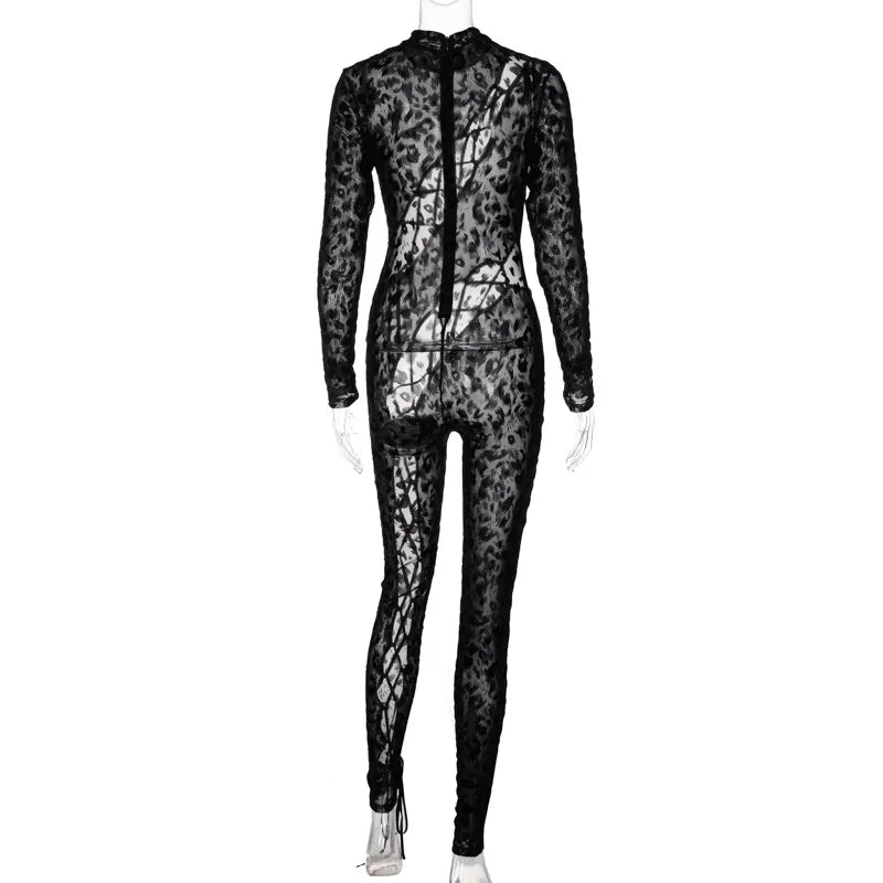 OMSJ 2024 mono ajustado asimétrico sexi de malla transparente con estampado de leopardo para invierno nuevo mono calado de manga larga ajustado entrecruzado