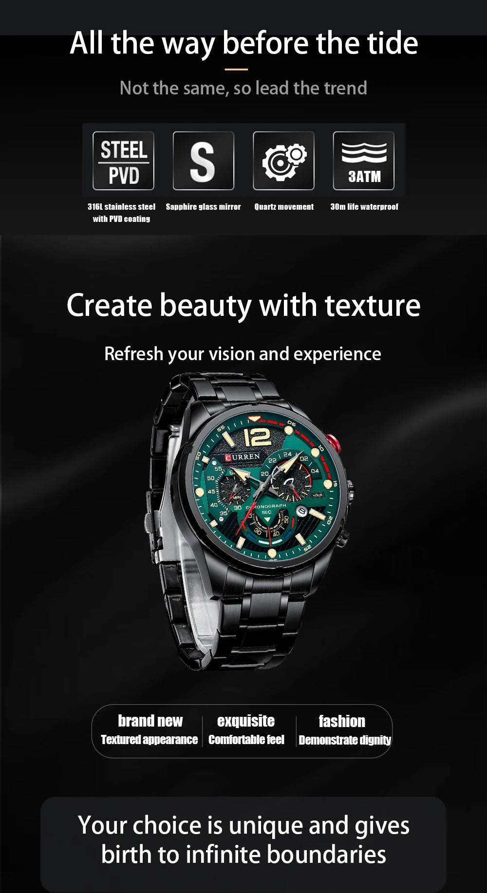 Nuevos relojes CURREN verdes para hombre, relojes de cuarzo de acero inoxidable de lujo de primeras marcas, reloj deportivo con fecha para hombre, reloj de pulsera resistente al agua