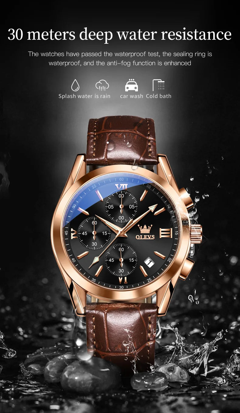 OLEVS Nuevo reloj de moda para hombre con correa de cuero marrón. Reloj impermeable con movimiento de cuarzo deportivo informal para hombre Orologio da uomo 2872