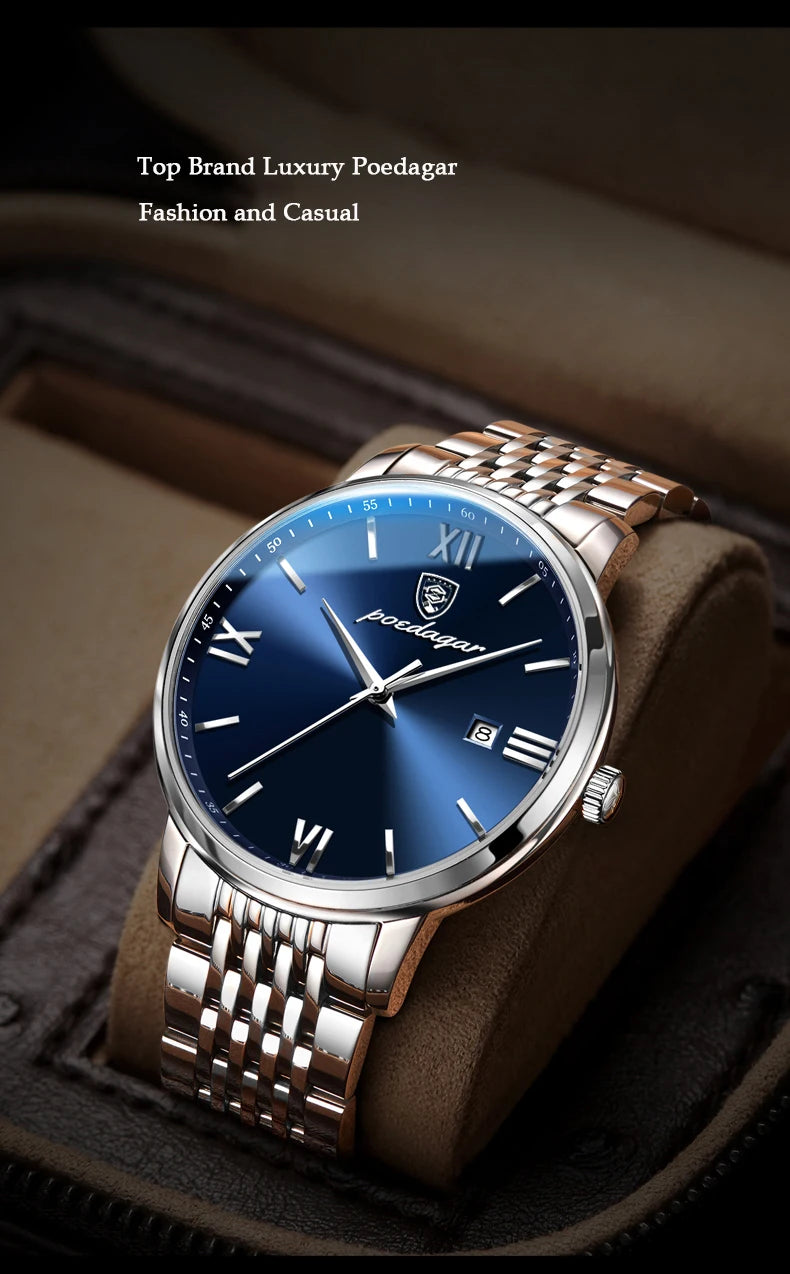 Reloj POEDAGAR de la mejor marca, reloj de acero inoxidable con fecha de negocios para hombre, relojes luminosos resistentes al agua, reloj de pulsera deportivo de cuarzo de lujo para hombre