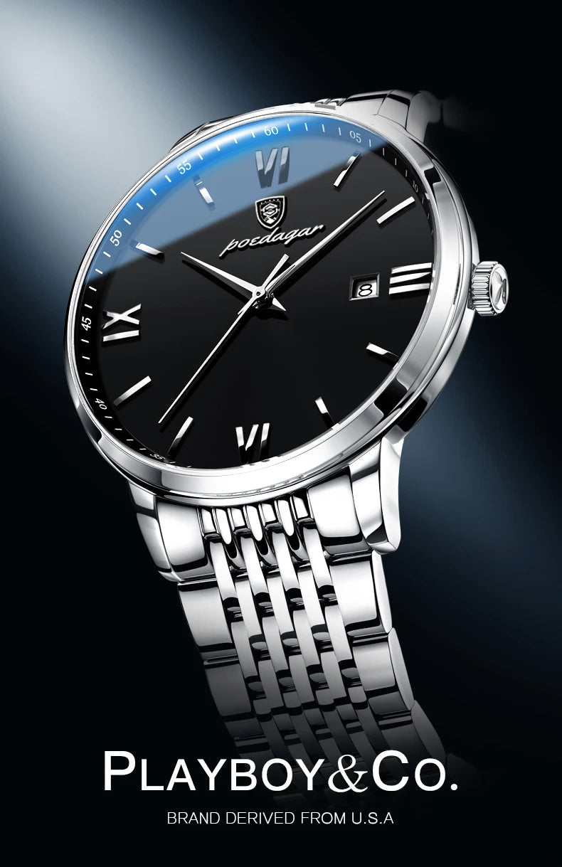 Reloj POEDAGAR de la mejor marca, reloj de acero inoxidable con fecha de negocios para hombre, relojes luminosos resistentes al agua, reloj de pulsera deportivo de cuarzo de lujo para hombre