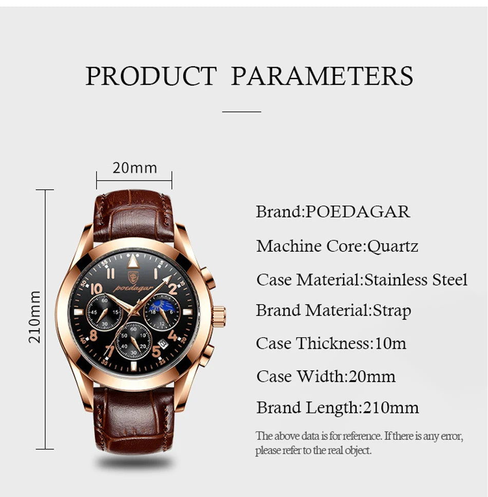 POEDAGAR-relojes para hombre, de cuero de moda, resistente al agua, parte superior luminosa, de lujo, de cuarzo, Masculino, 2021