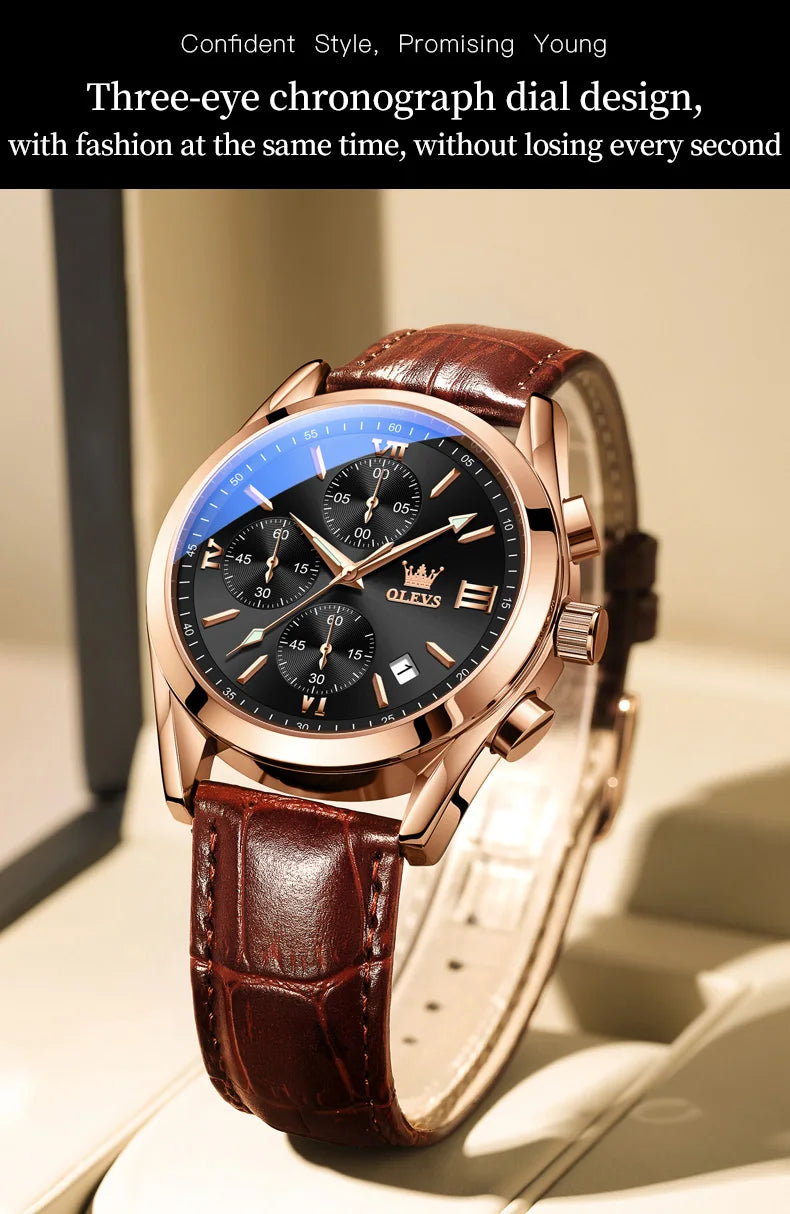 OLEVS Nuevo reloj de moda para hombre con correa de cuero marrón. Reloj impermeable con movimiento de cuarzo deportivo informal para hombre Orologio da uomo 2872