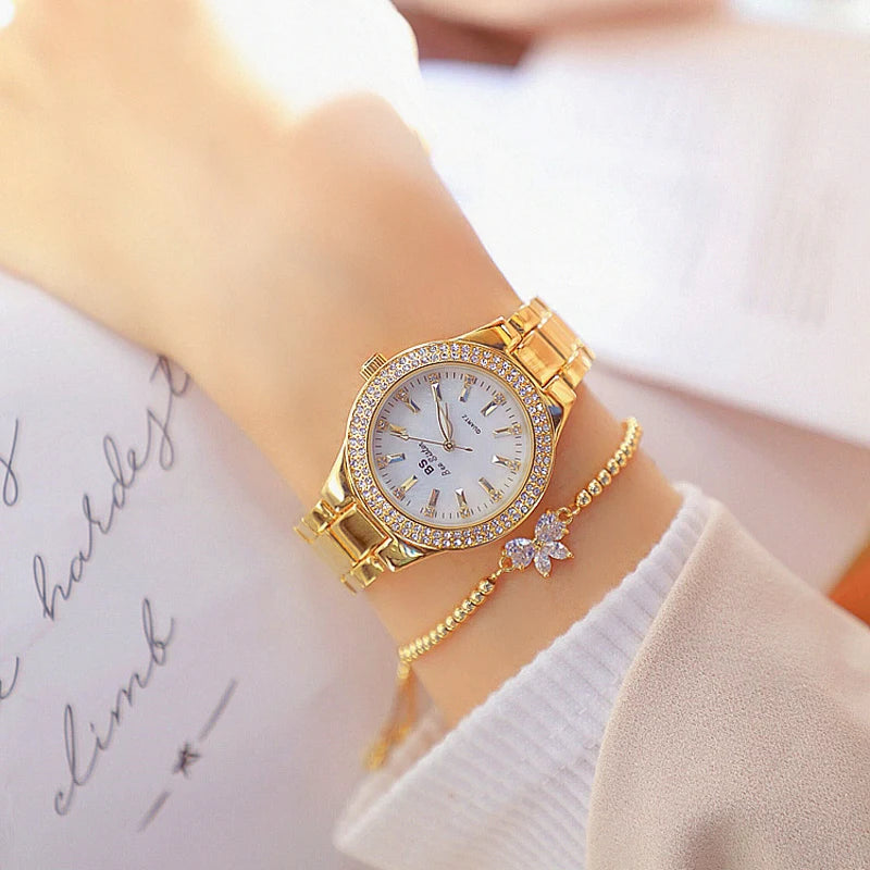2025 relojes de pulsera dorados para mujer, reloj de vestir, relojes de diamantes de cristal para mujer, reloj plateado de acero inoxidable, reloj para mujer 2024