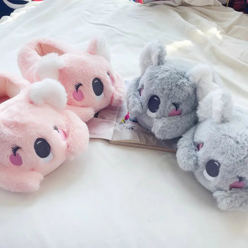 Lindas zapatillas de felpa de animales de dibujos animados de Koala rosa y gris, pantuflas cálidas de invierno para mujer para el hogar