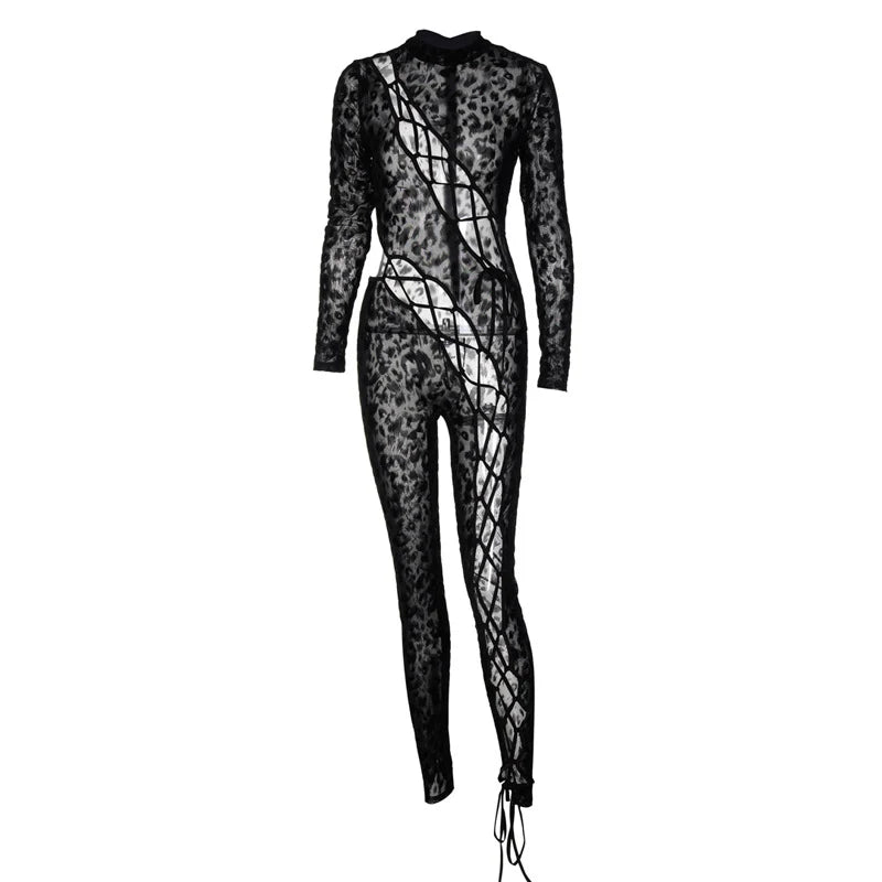 OMSJ 2024 mono ajustado asimétrico sexi de malla transparente con estampado de leopardo para invierno nuevo mono calado de manga larga ajustado entrecruzado