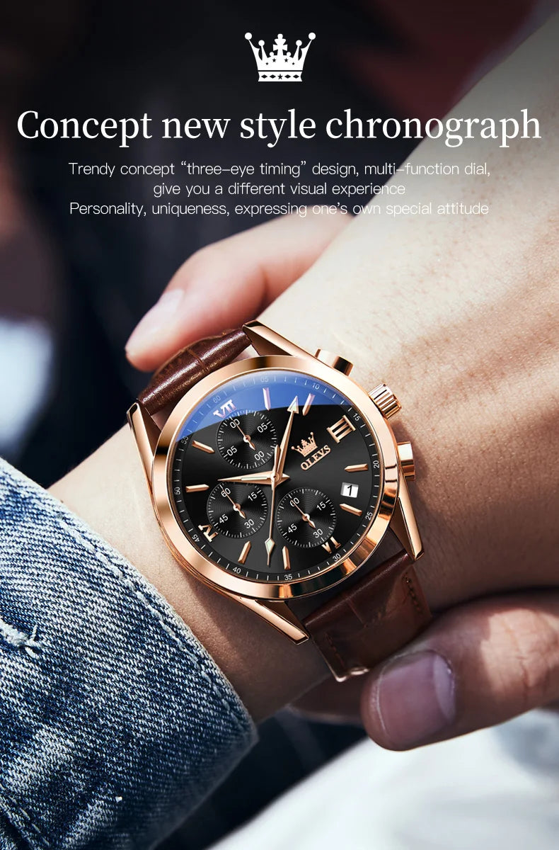 OLEVS Nuevo reloj de moda para hombre con correa de cuero marrón. Reloj impermeable con movimiento de cuarzo deportivo informal para hombre Orologio da uomo 2872