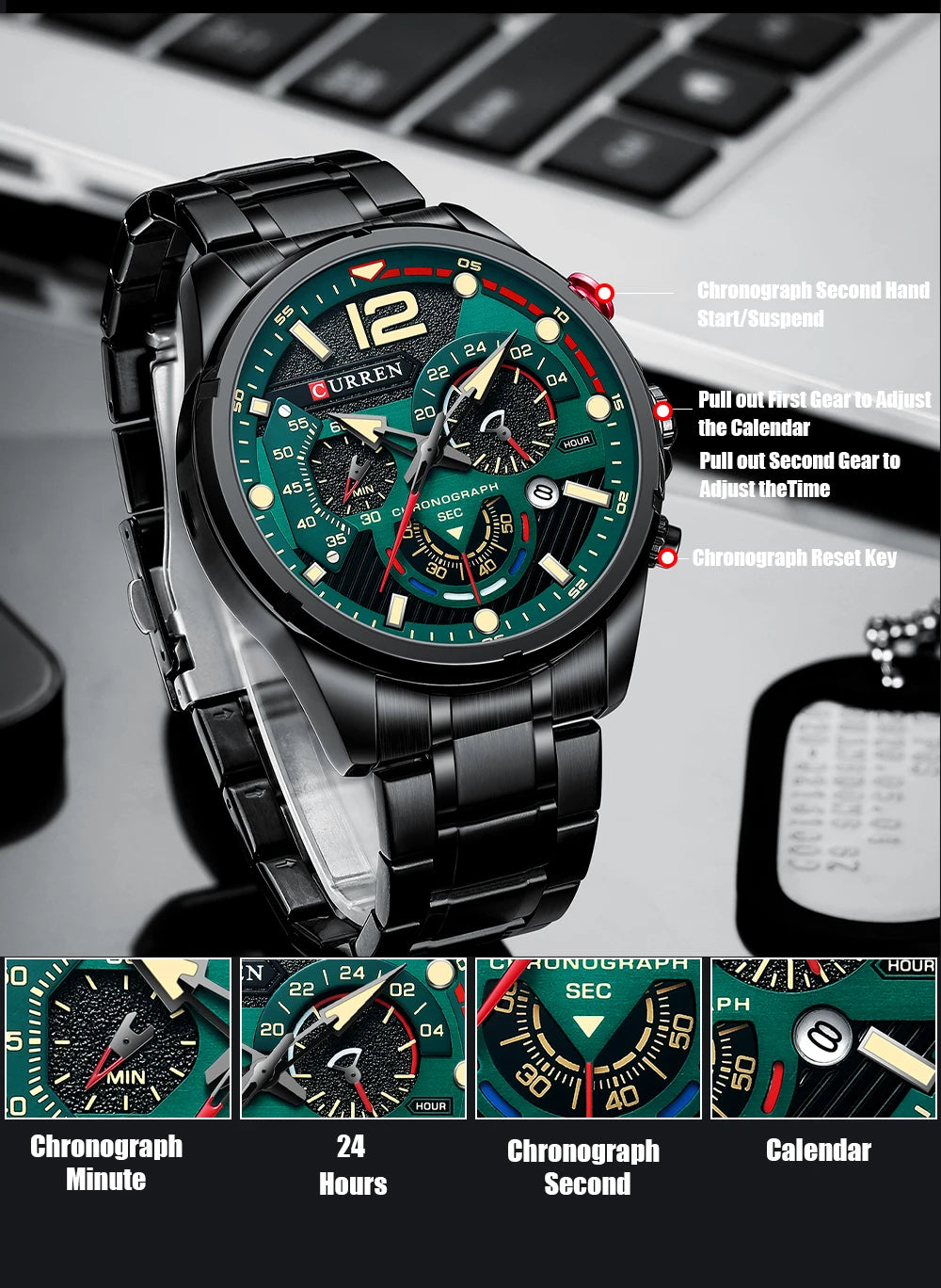 Nuevos relojes CURREN verdes para hombre, relojes de cuarzo de acero inoxidable de lujo de primeras marcas, reloj deportivo con fecha para hombre, reloj de pulsera resistente al agua