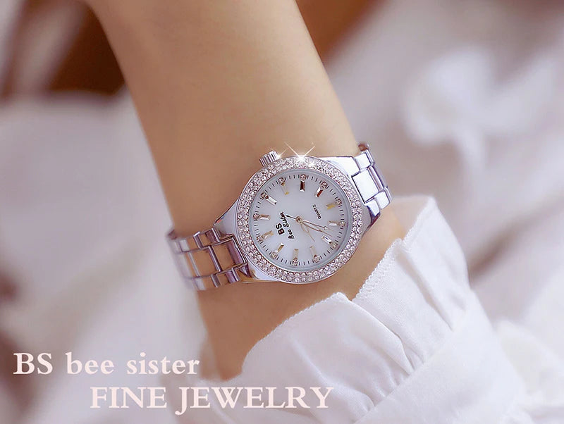 2025 relojes de pulsera dorados para mujer, reloj de vestir, relojes de diamantes de cristal para mujer, reloj plateado de acero inoxidable, reloj para mujer 2024