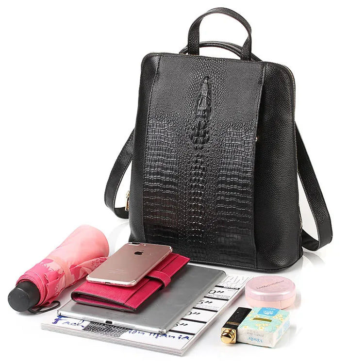 Mochila Zency de piel de cocodrilo para mujer, 100% genuina y natural, para viajes, trabajo, escuela, con compartimento para portátil, equipaje de mano