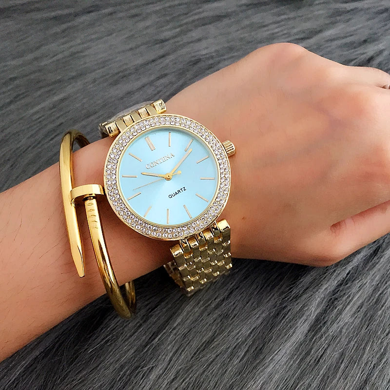 Reloj de plata de lujo de moda CONTENA relojes de mujer de estrás relojes de mujer reloj de acero inoxidable reloj de mujer